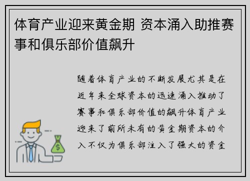 体育产业迎来黄金期 资本涌入助推赛事和俱乐部价值飙升