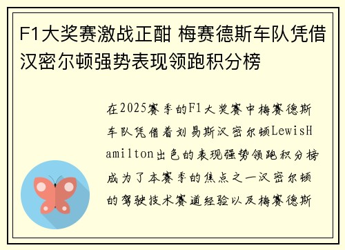 F1大奖赛激战正酣 梅赛德斯车队凭借汉密尔顿强势表现领跑积分榜