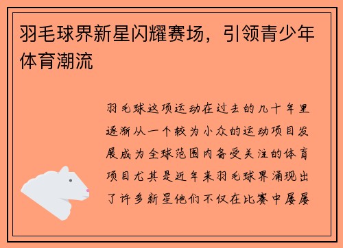 羽毛球界新星闪耀赛场，引领青少年体育潮流