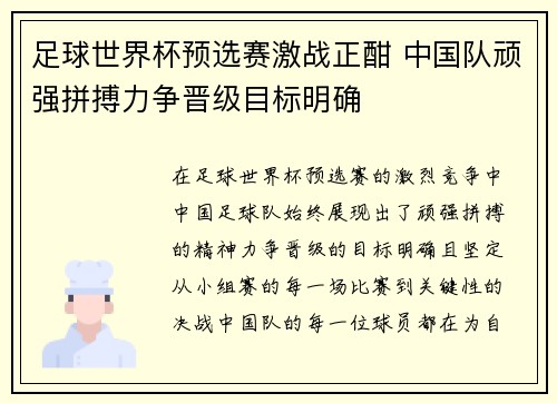 足球世界杯预选赛激战正酣 中国队顽强拼搏力争晋级目标明确