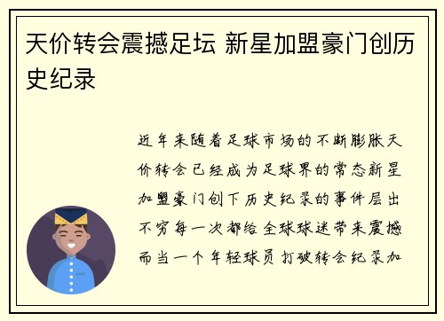 天价转会震撼足坛 新星加盟豪门创历史纪录
