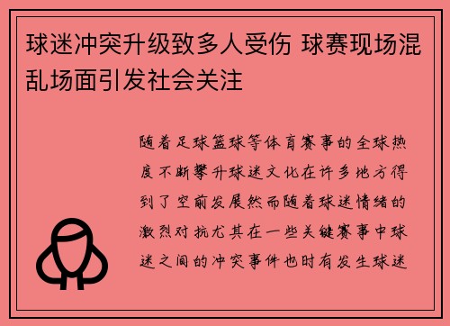 球迷冲突升级致多人受伤 球赛现场混乱场面引发社会关注